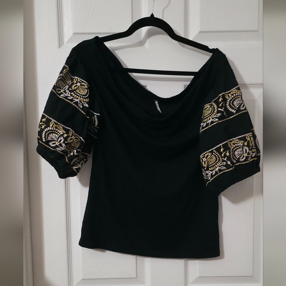 Free People Black Top with Gold and White Embroidery